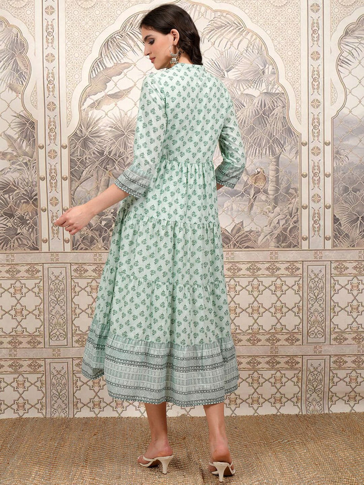 Vishudh Green Floral Printed Mandarin Collar Embroidered Tiered Fit & Flare Ethnic Dress