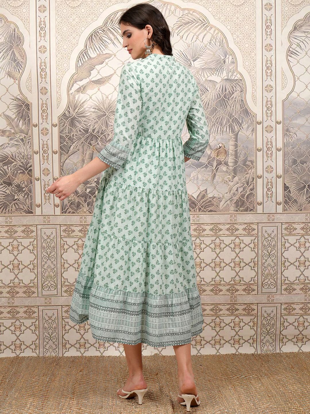 Vishudh Green Floral Printed Mandarin Collar Embroidered Tiered Fit & Flare Ethnic Dress