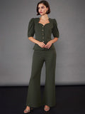 SASSAFRAS worklyf Olive Green Puff Sleeves Top & Trousers Co-Ords