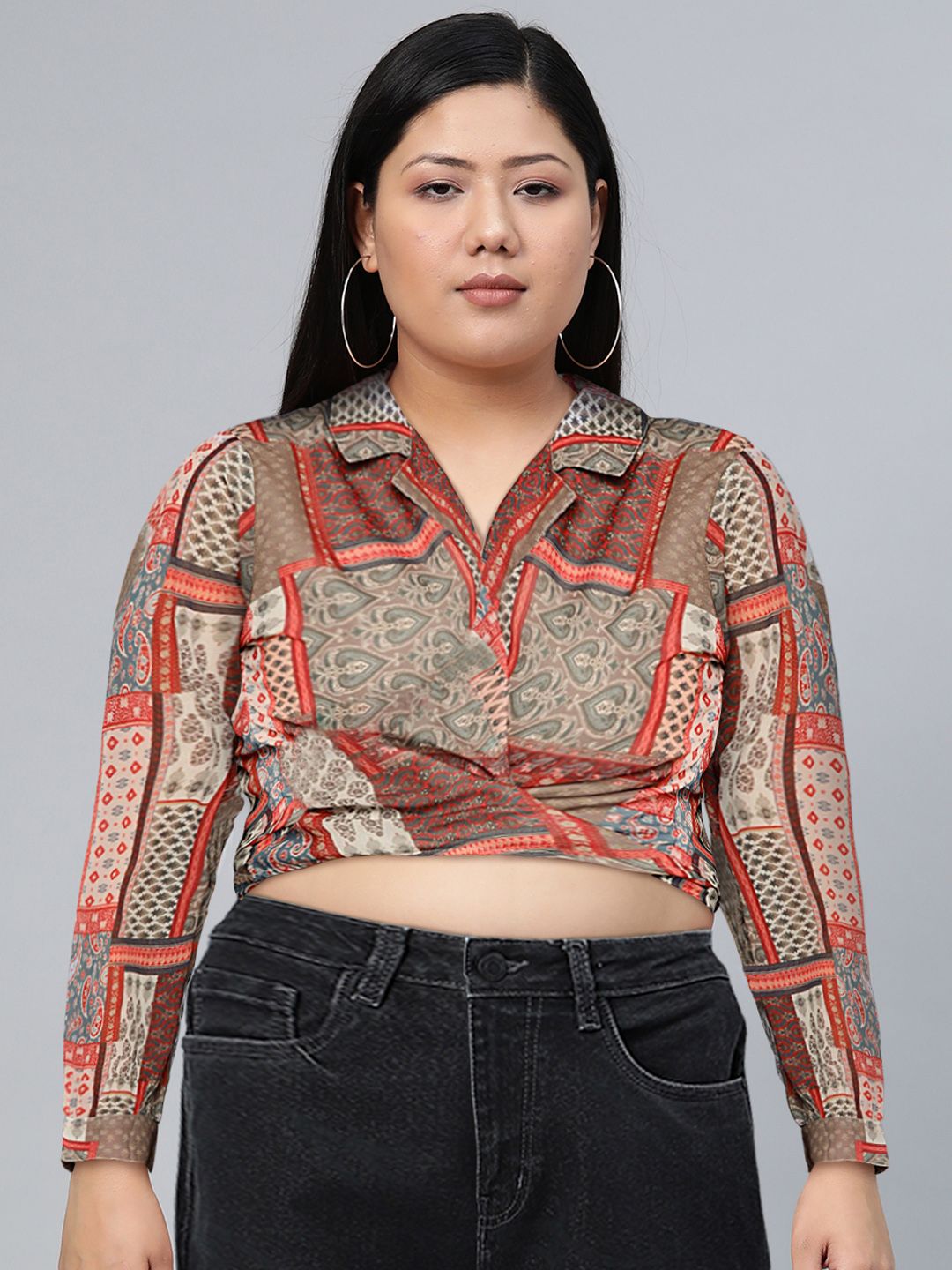 Sassafras Brown & Red Geometric Printed Georgette Wrap Crop Top