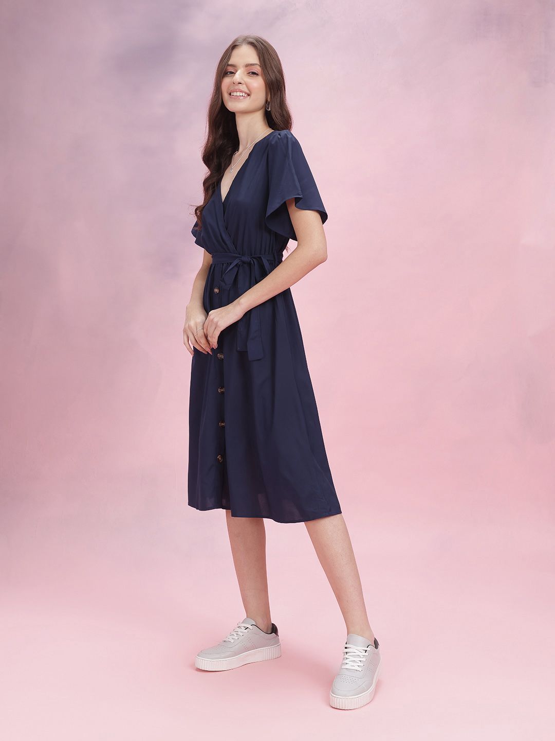 DressBerry V-Neck Tie-Up Detail A-Line Dress