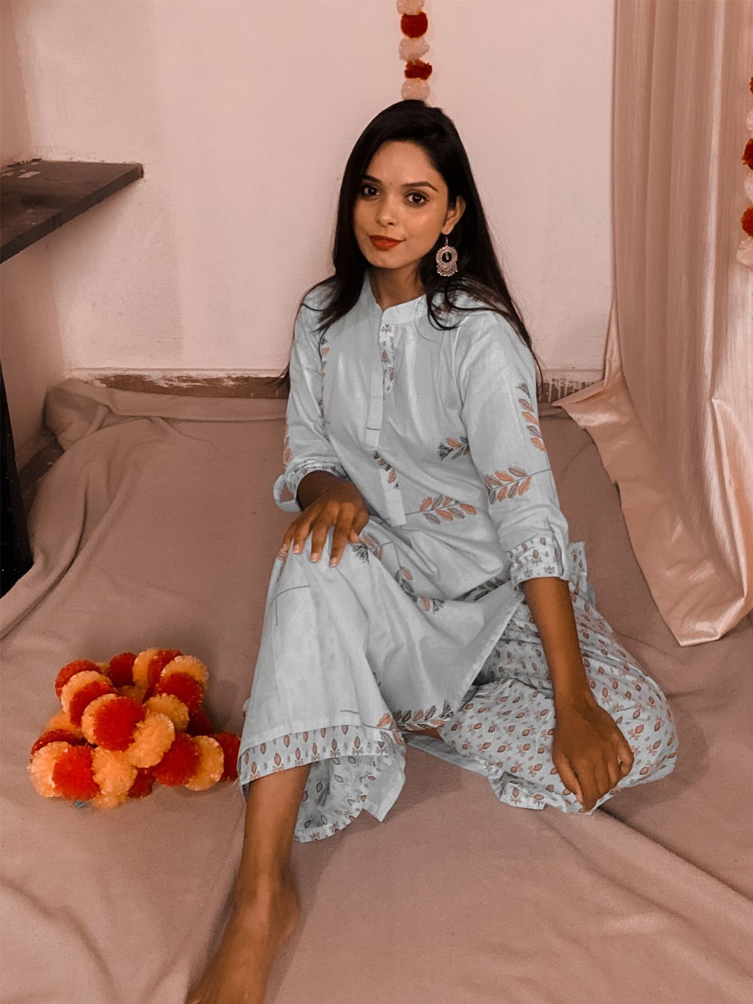 Gerua By Libas Women Blue Mustard Yellow Block Print Kurta with Palazzos