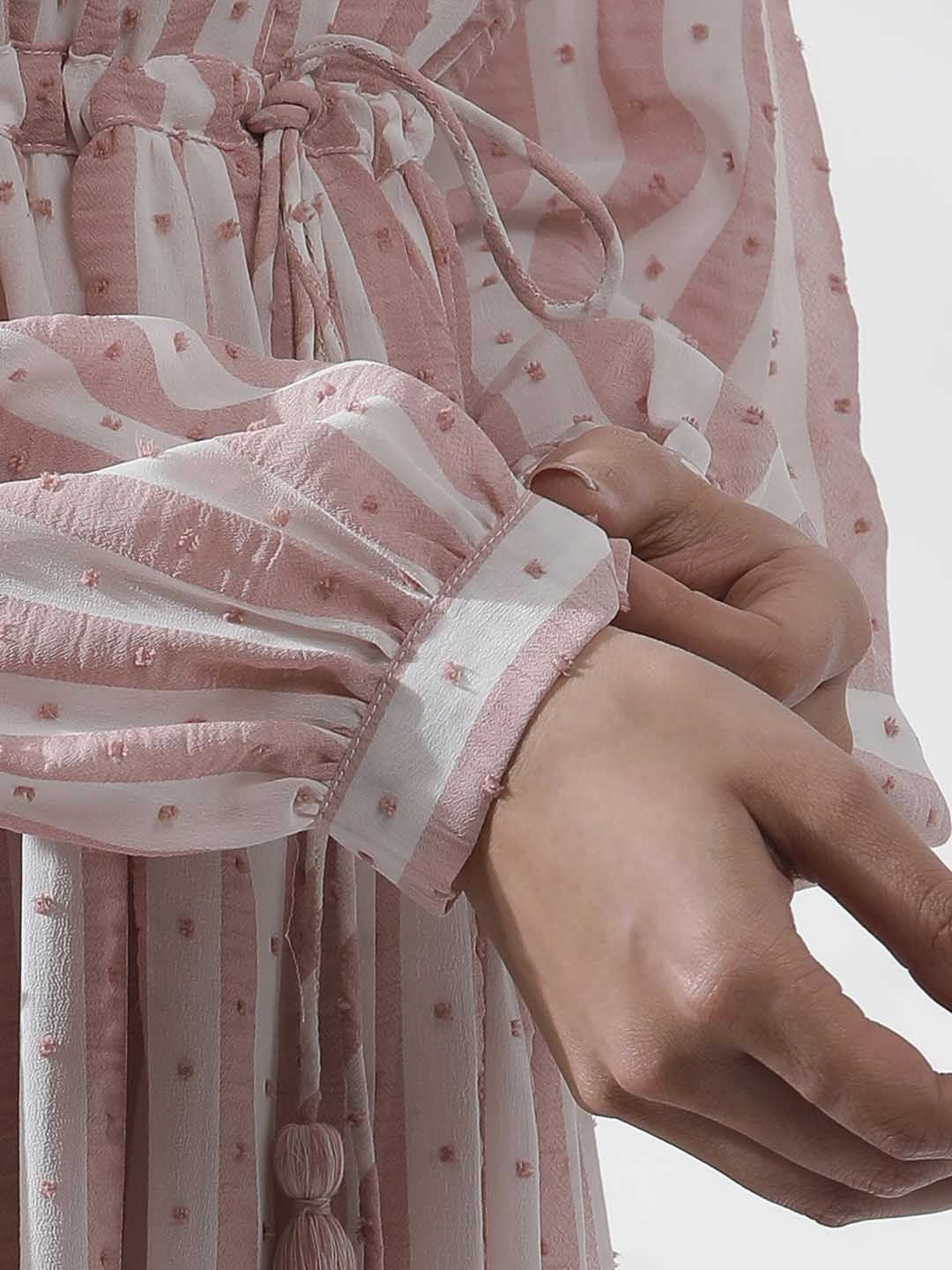 W Striped Notched Neck Puff Sleeves A-Line Opaque Midi Casual Dress