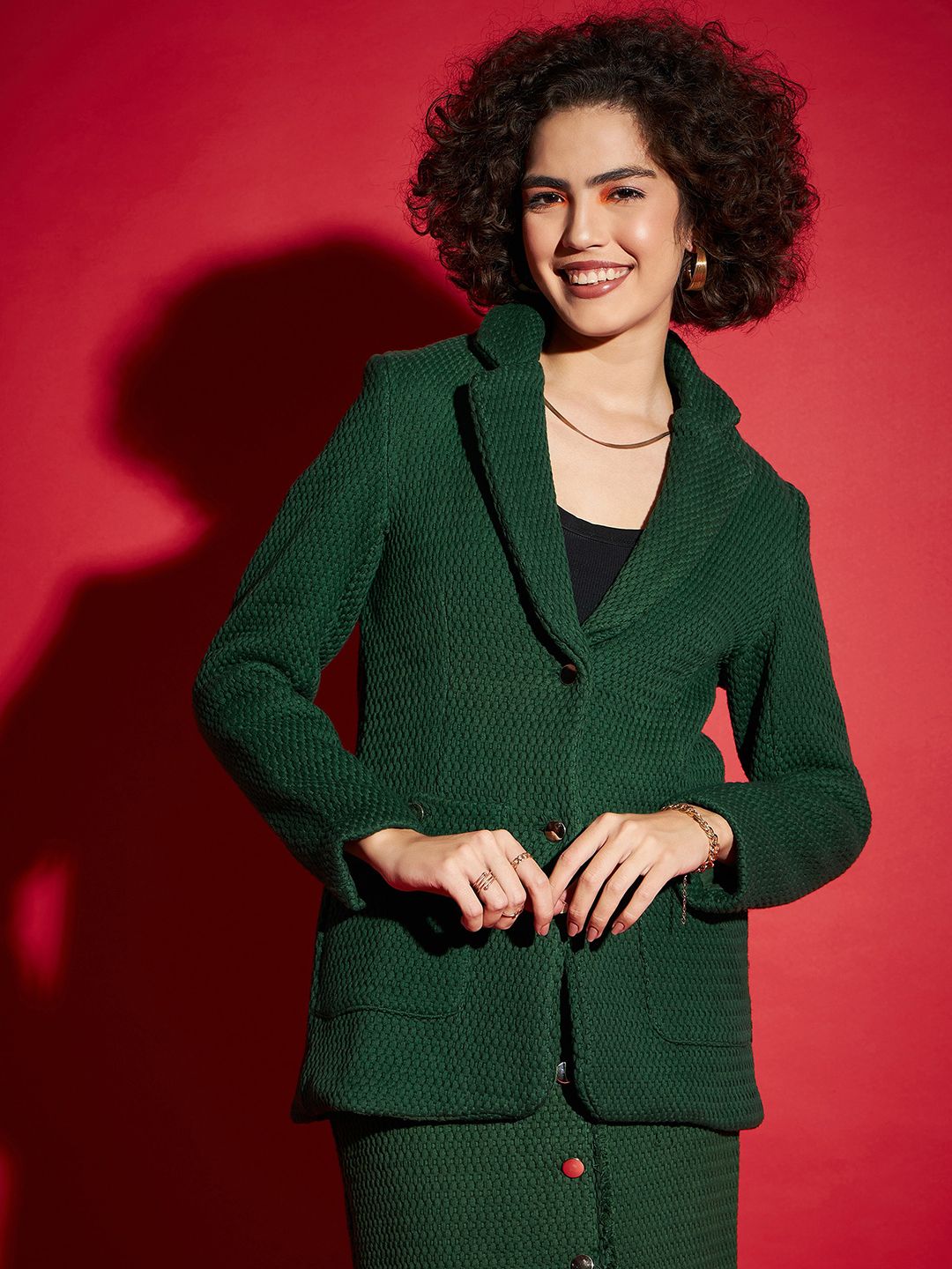 SASSAFRAS Green Self Design Notched Lapel Collar Pure Cotton Single-Breasted Blazer