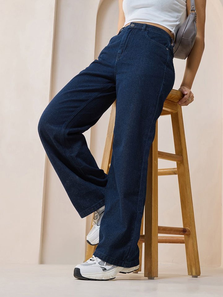 Bewakoof Women Blue Baggy Wide Leg Clean Look Cotton Jeans