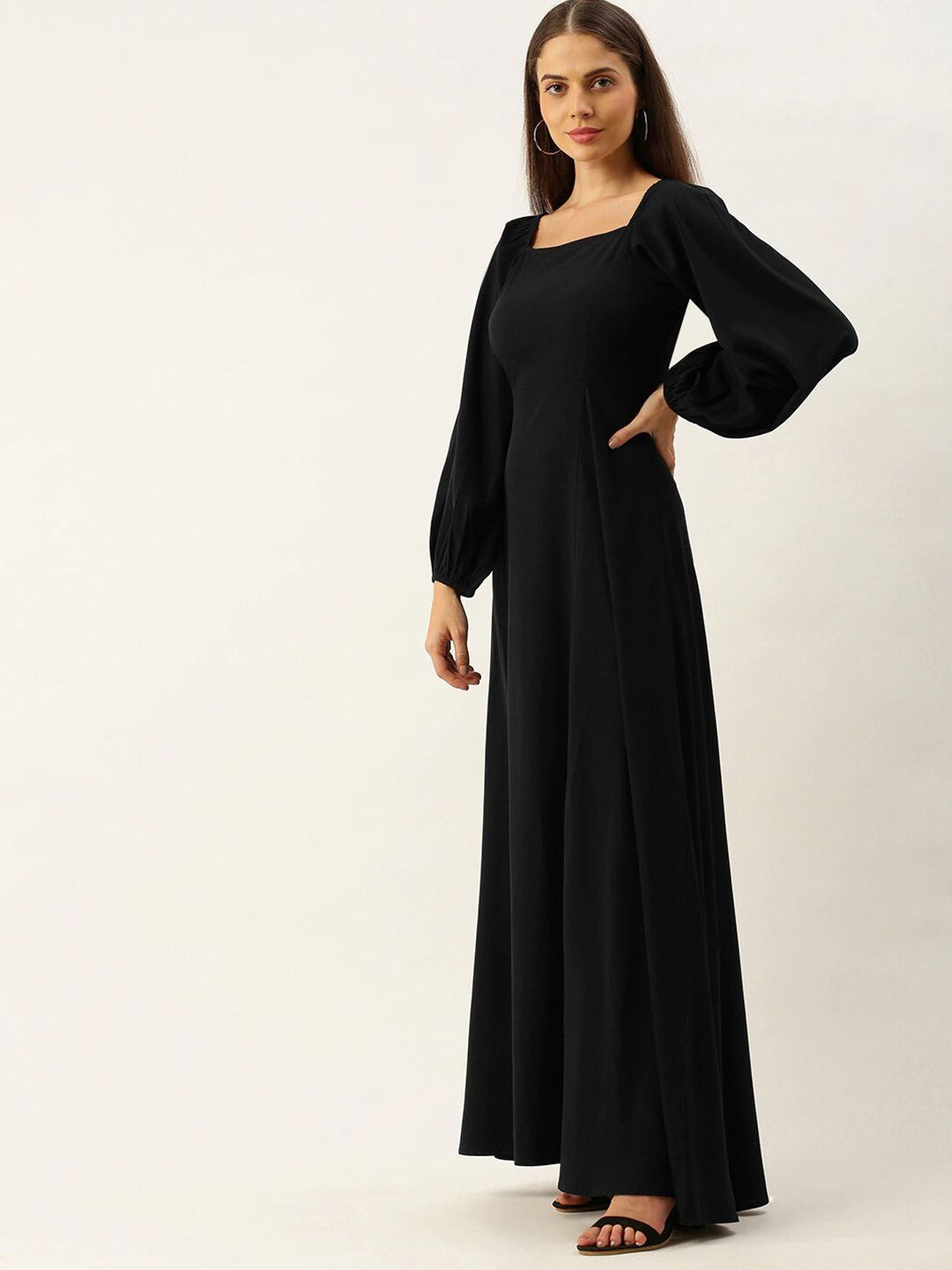 Berrylush Women Black Crepe High Slit Maxi Dress