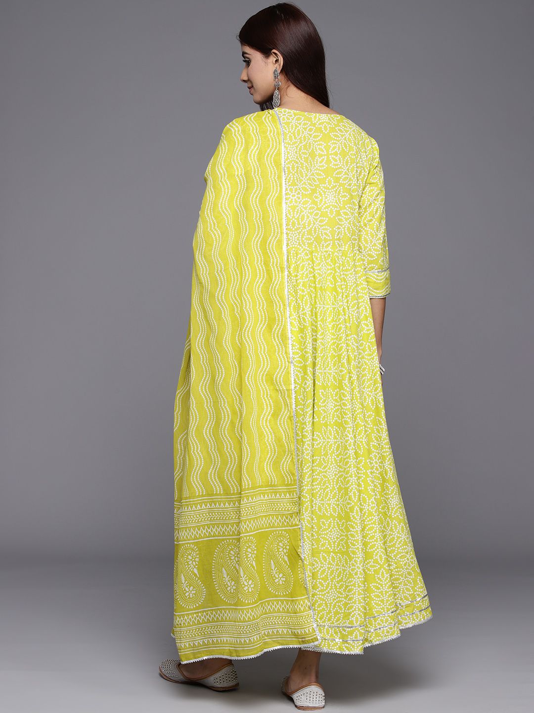 Libas Womens Green Yoke Design Cotton Anarkali Kurta With Trousers & Dupatta