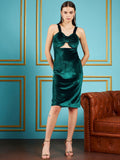 SASSAFRAS Green Shoulder Straps Cut Out Velvet Sheath Dress