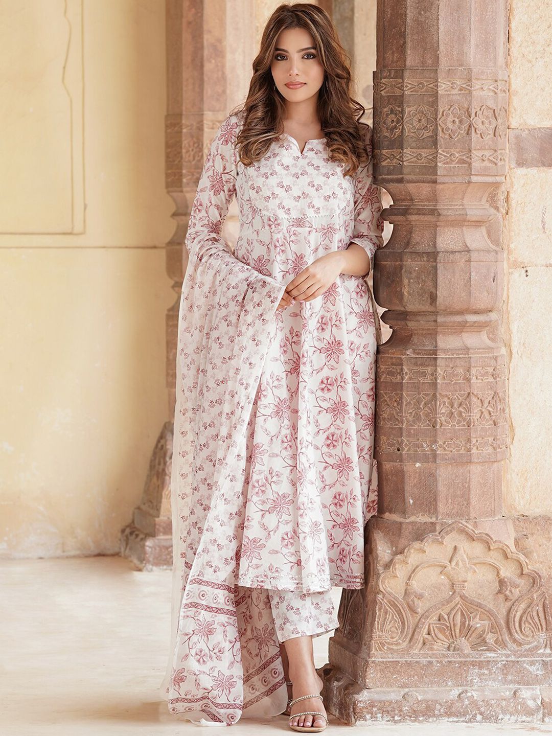 KALINI Floral Printed V-Neck Regular Gotta Patti Kurta With Trousers & Dupatta