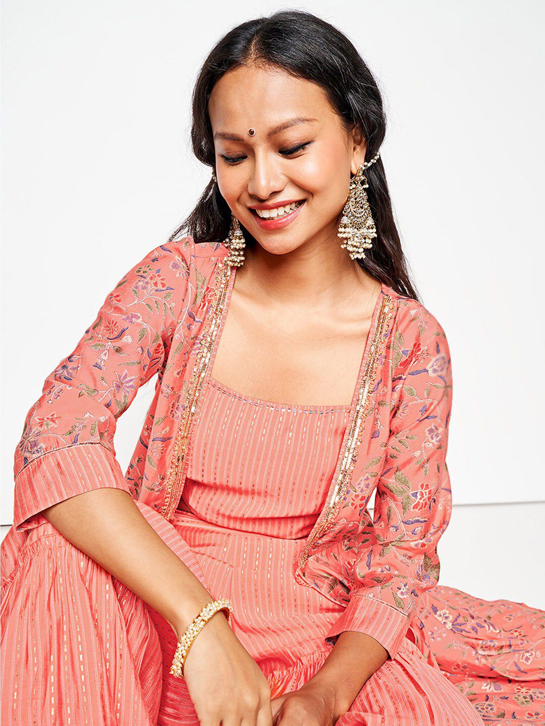 Global Desi Self-Design Top Shrug & Palazzos Co-Ords