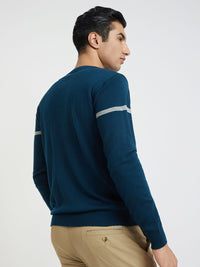 Raymond Men Teal Blue Striped Pullover