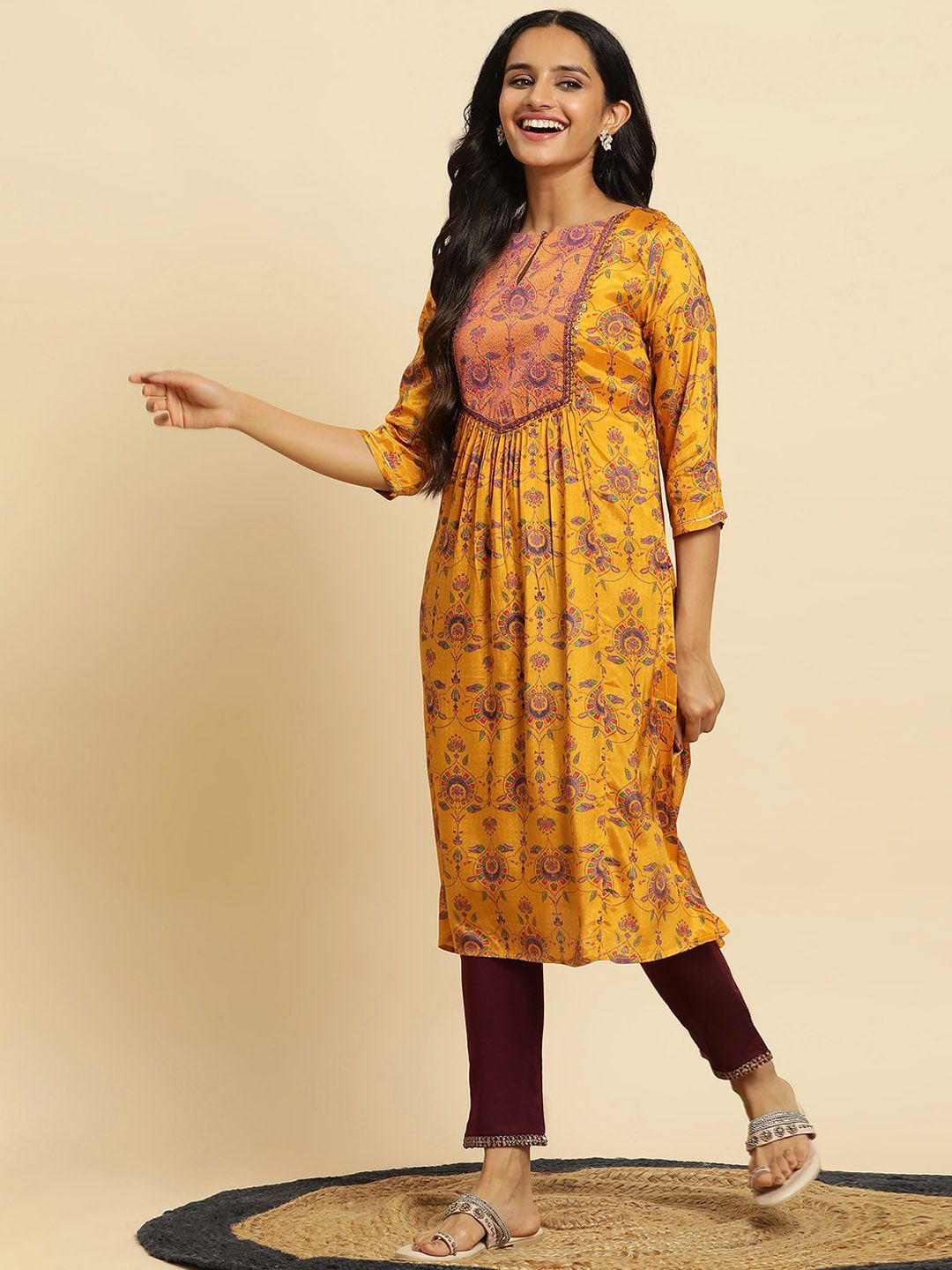 W Yellow Ethnic Motifs Printed Keyhole Neck Pleated Kurta