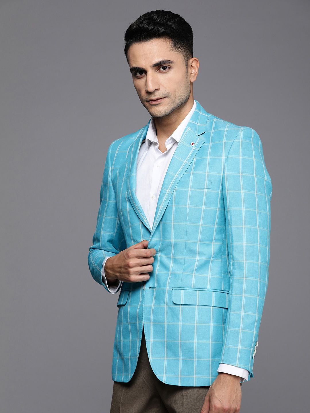 Raymond Linen Cotton Contemporary Fit Single-Breasted Checked Formal Blazers