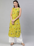 Anouk Women Green & White Floral Printed Boat Neck Straight Kurta