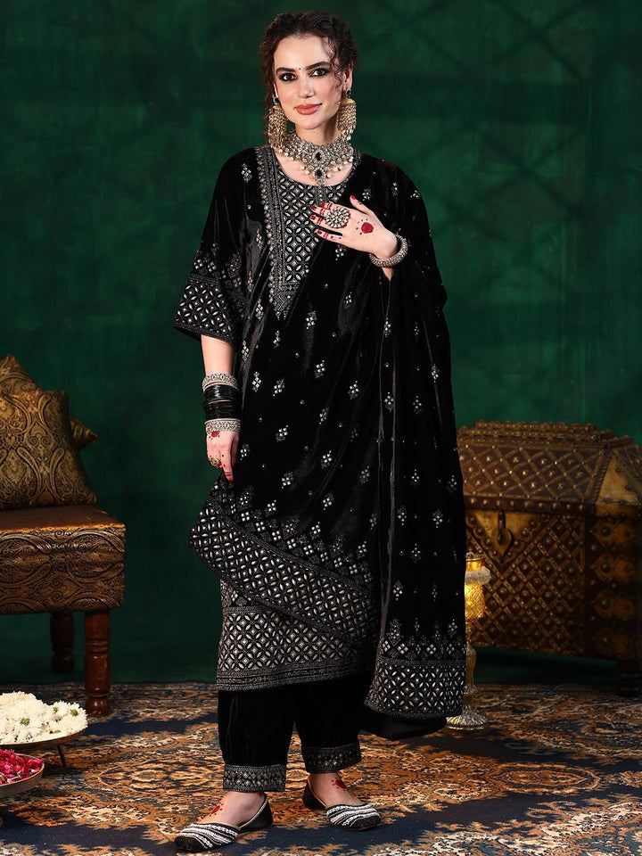 Libas Ethnic Motifs Embroidered Straight Velvet Sequinned Kurta with Salwar & Dupatta