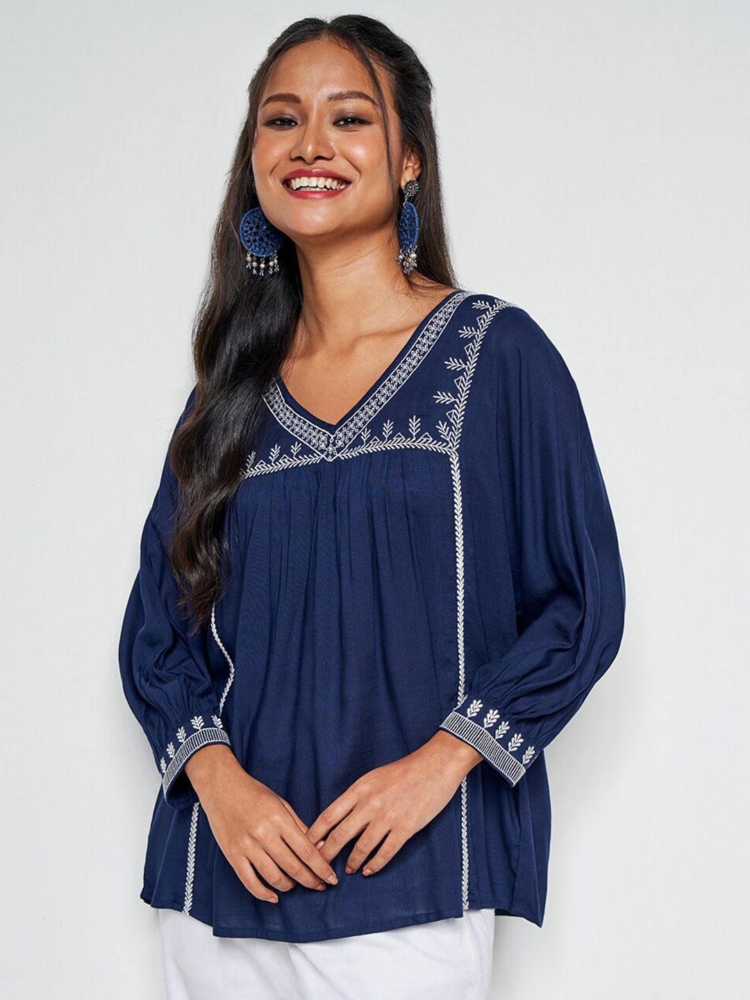 Global Desi Floral Embroidered V-Neck Cuffed Sleeves Empire Top