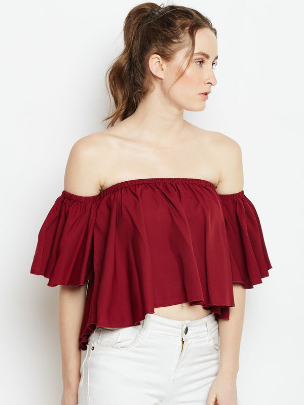 Berrylush Maroon Ruffled Bardot Top