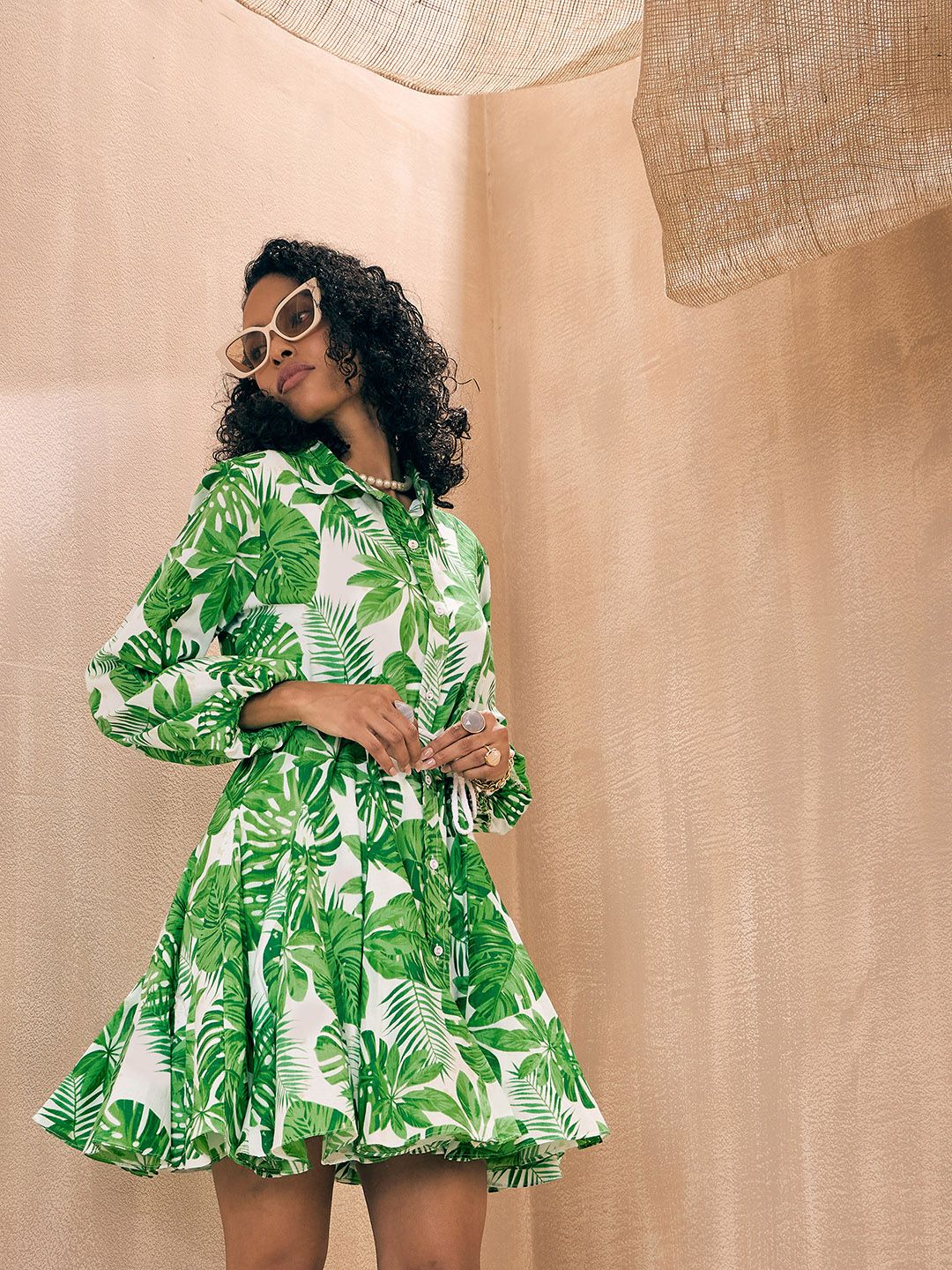 Pink Paprika by SASSAFRAS Green Tropical Printed Belted Shirt Dress