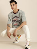 DILLINGER Men Grey & Black Sports Printed Drop-Shoulder Sleeves Pure Cotton Oversized T-shirt