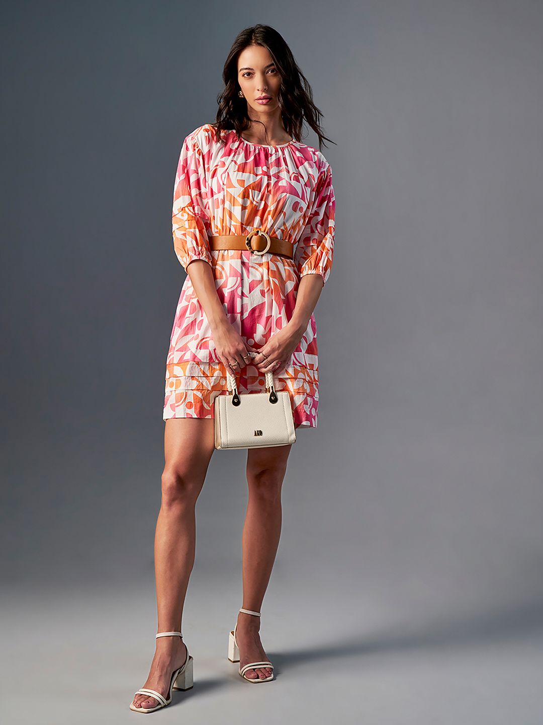 AND Round Neck Abstract Print Puff Sleeve Fit & Flare Midi Dress