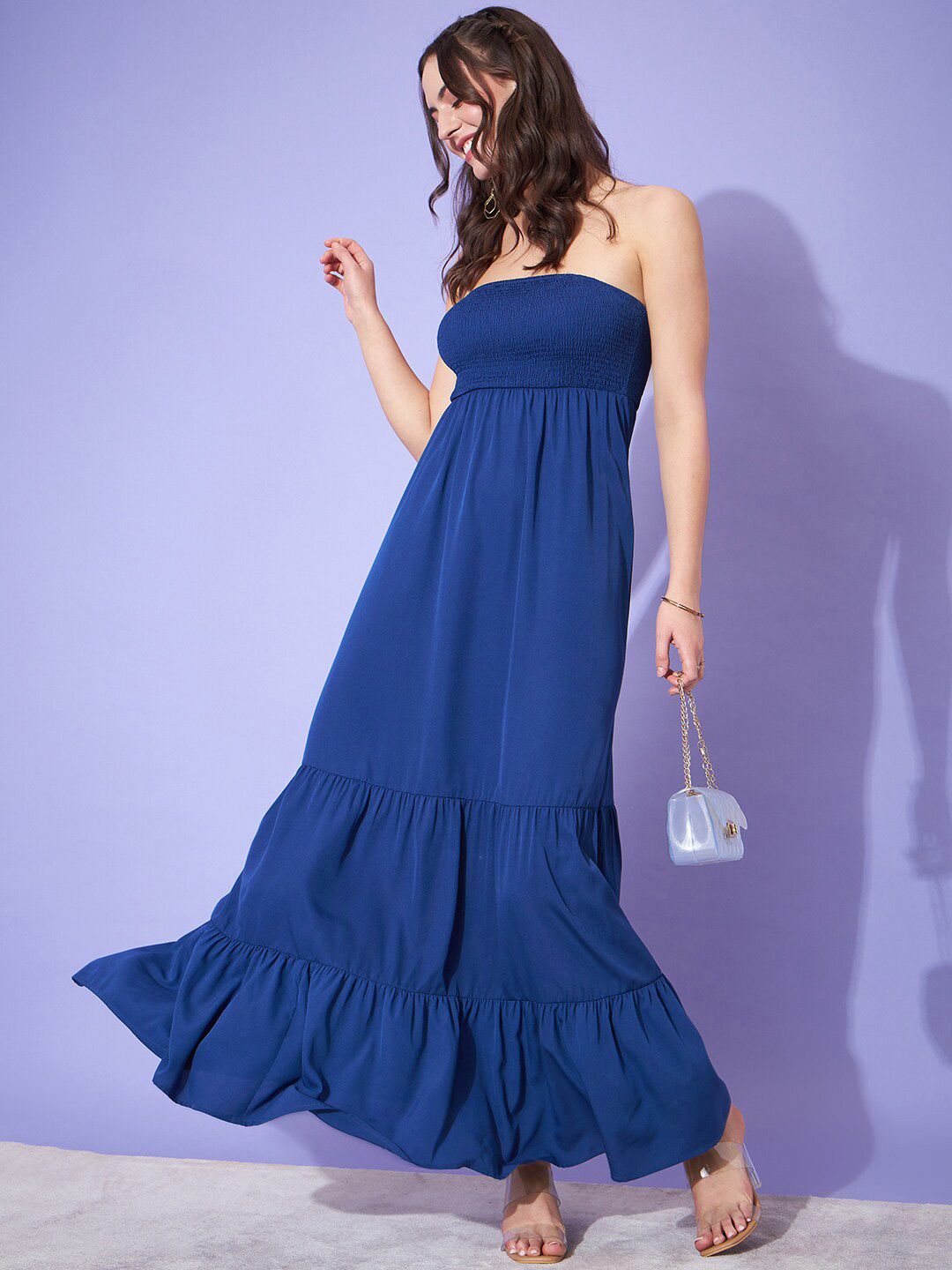 Berrylush Blue Strapless Smocked A-Line Maxi Dress