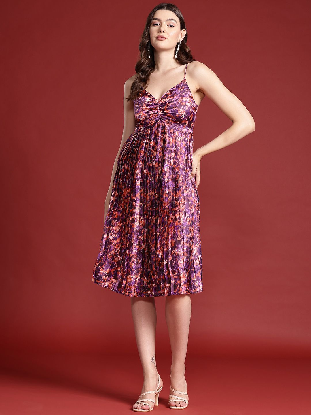 all about you Floral Print Accordion Pleated Ruched A-Line Dress