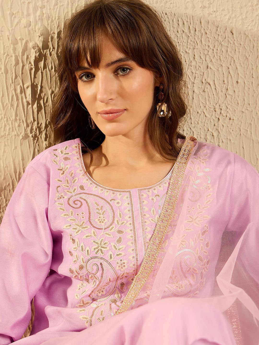 Indo Era Women Ethnic Motifs Embroidered Regular Thread Work Liva Kurta with Trousers & With Dupatta