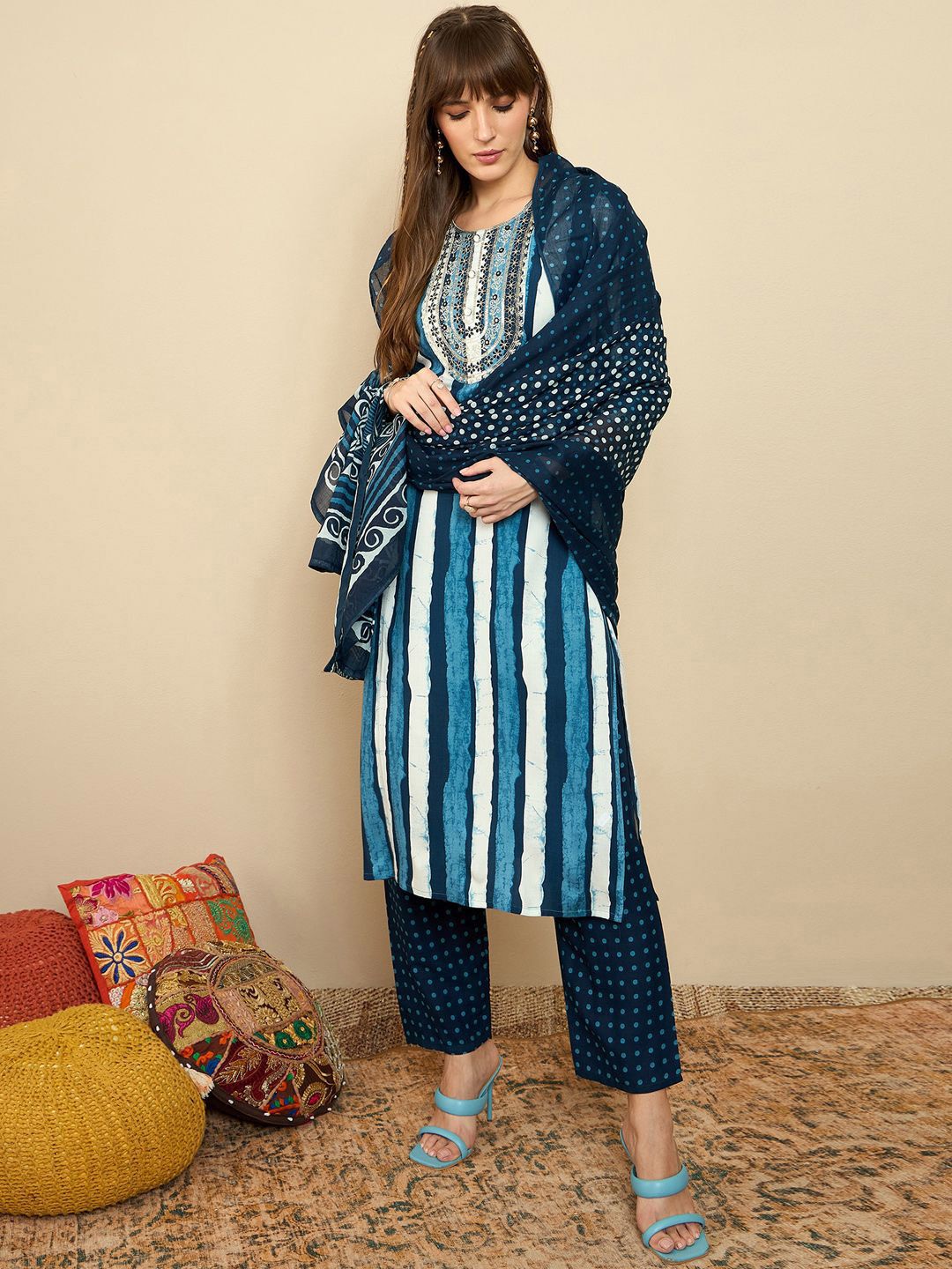 Indo Era Striped Sequinned Straight Kurta With Trousers & Dupatta