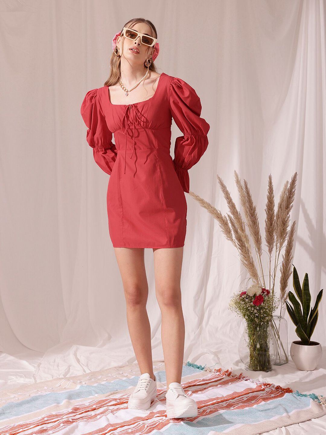 STREET 9 Tie Up Neck Puff Sleeve Pure Cotton Blouson Midi Dress