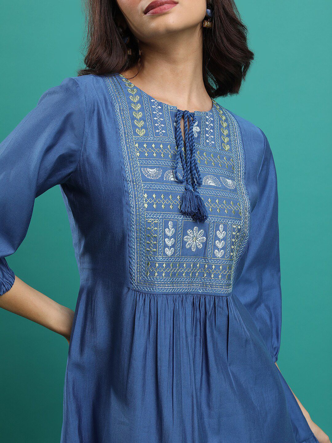 Vishudh Embroidered Tie-Up Neck Puff Sleeves Gathered A-Line Dress