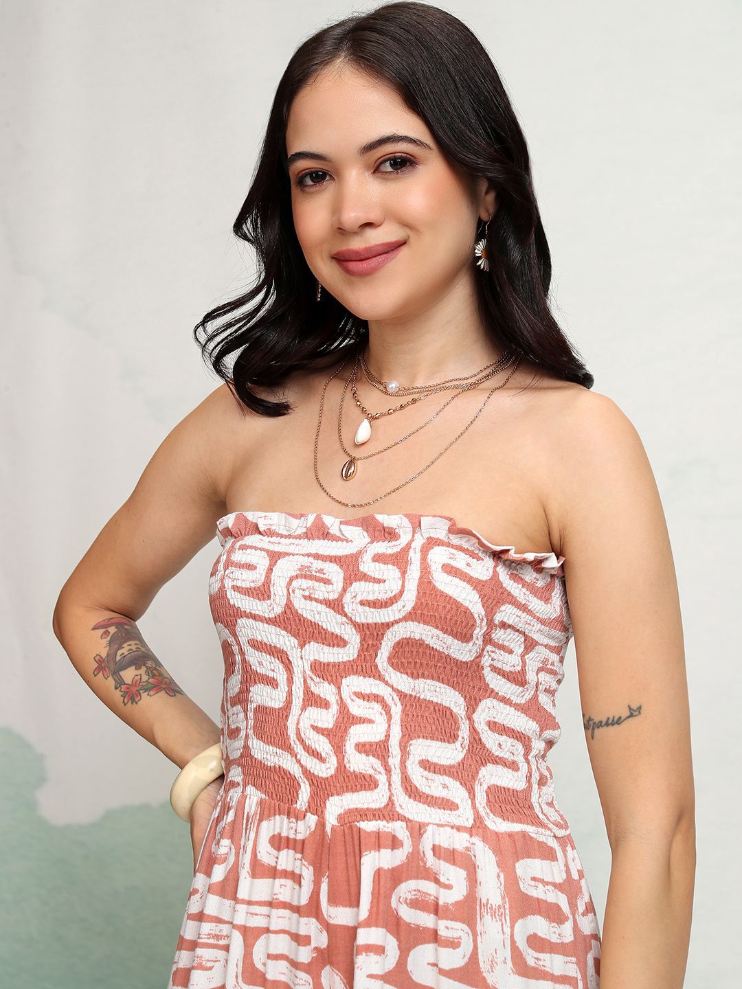 Vishudh Pink Printed Strapless Basic Jumpsuit