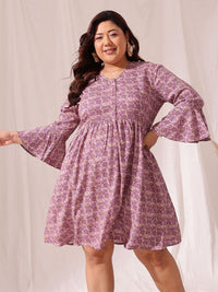 CURVY STREET Plus Size Floral Printed Bell Sleeve Fit & Flare Dress