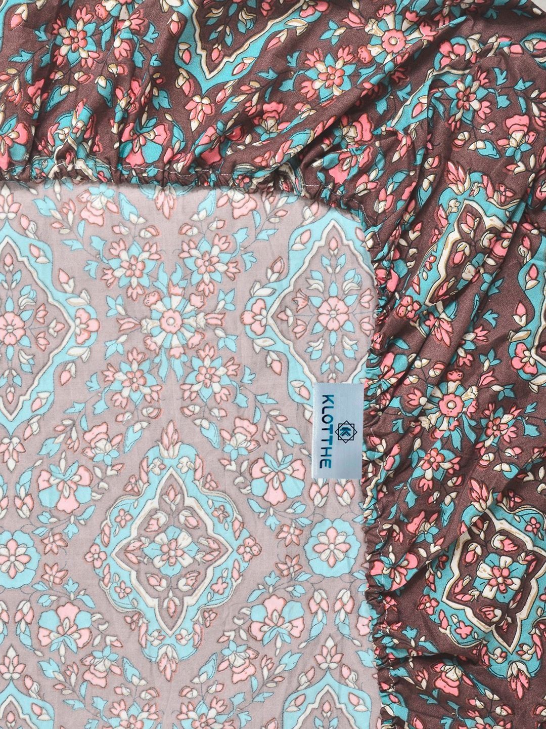 KLOTTHE Brown Printed Fitted Double Bedsheet