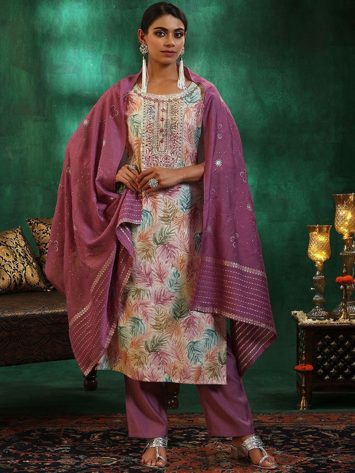 Libas Floral Printed Regular Thread Work Straight Kurta with Trousers & Dupatta