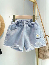 YK Girls Embellished Washed Regular Fit Denim Shorts