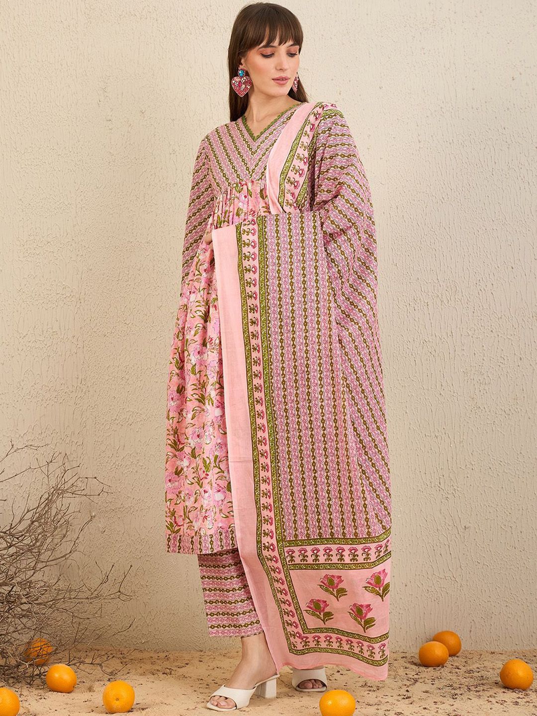 Indo Era Floral Printed Empire Pure Cotton A-Line Kurta With Trousers & Dupatta