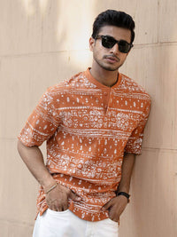 Powerlook Floral Printed Henley Collar Oversized T-shirt