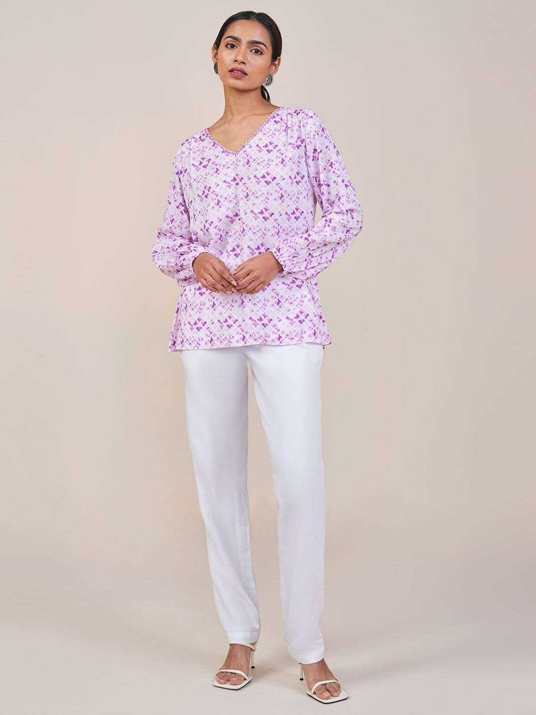 Global Desi Women Lavender V Neck Long Sleeves Floral Print Top
