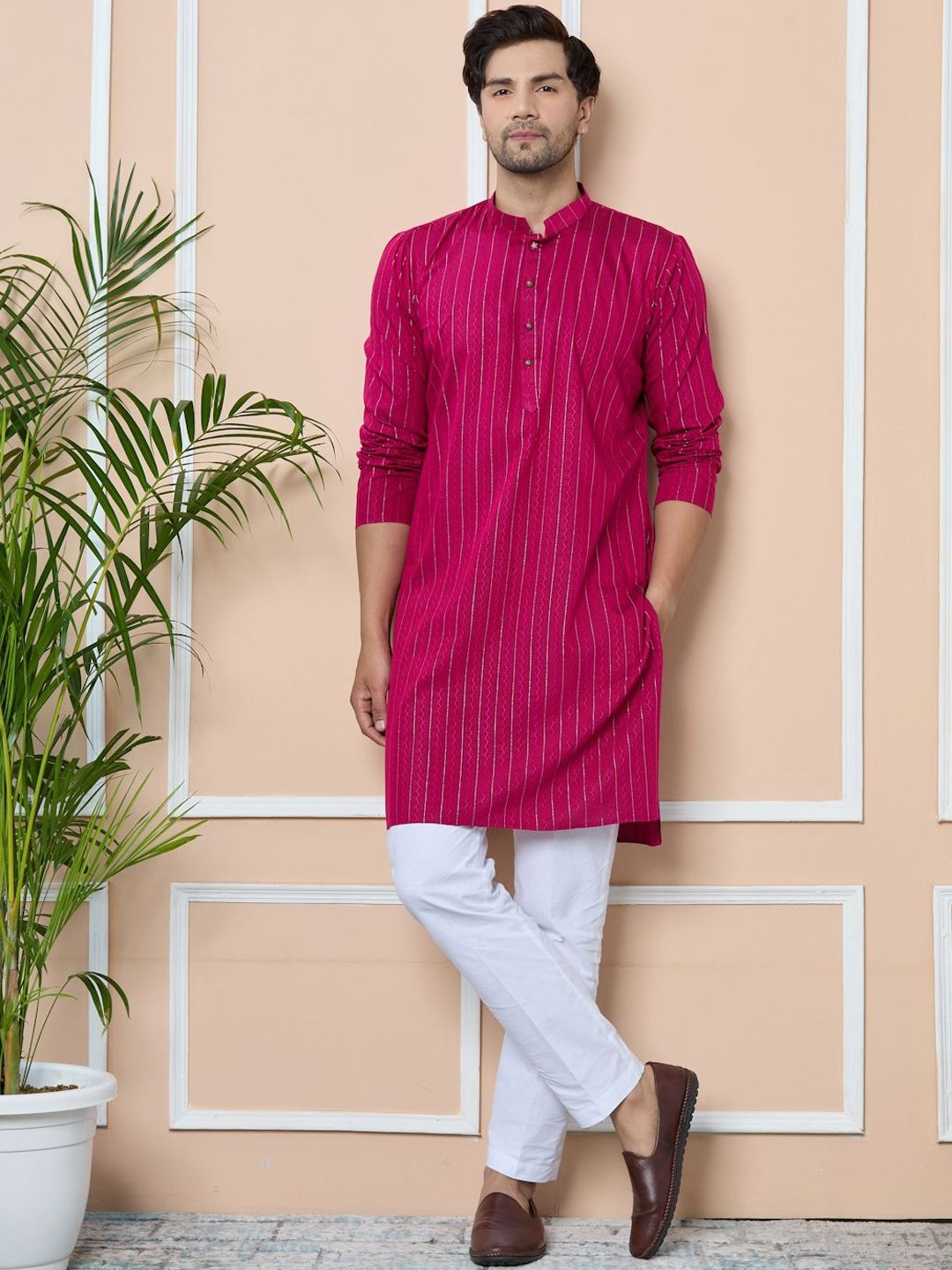 See Designs Men Striped Mirror Work Kurta