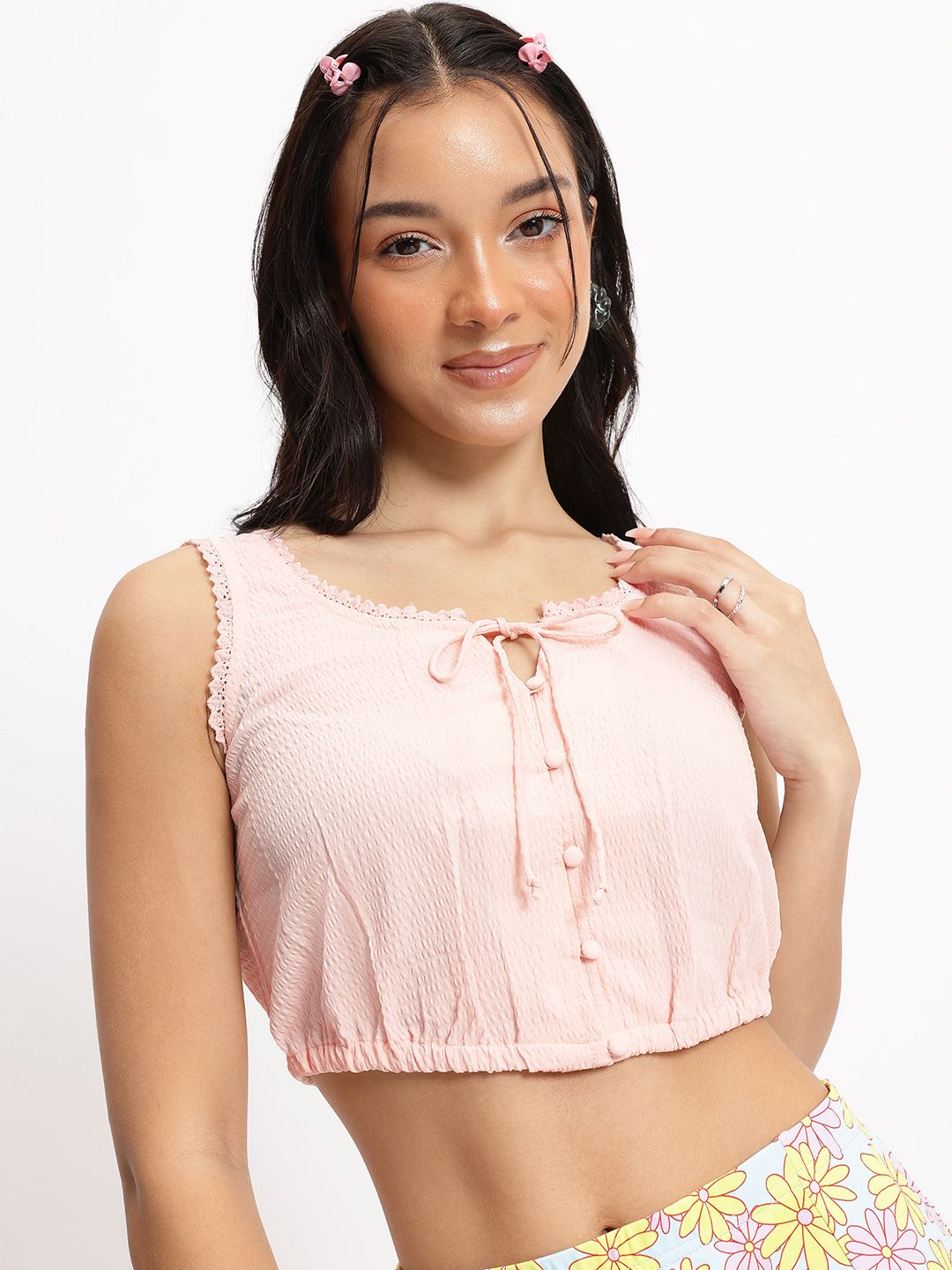 DressBerry Pastel Lacy Luxe Blouson Crop Top
