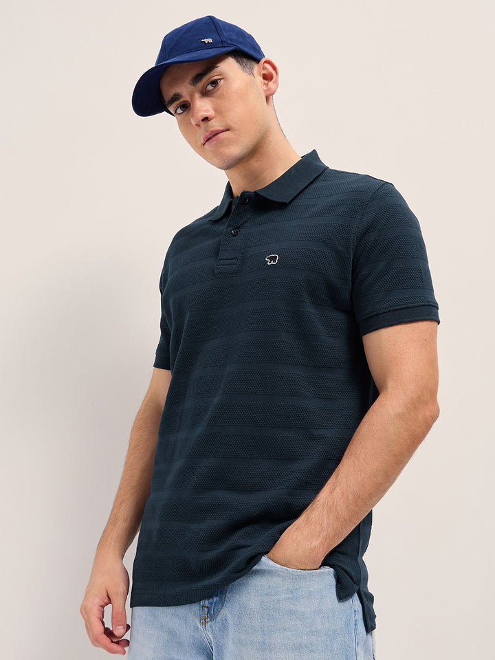 THE BEAR HOUSE Men Self Design Polo Collar Cotton T-shirt
