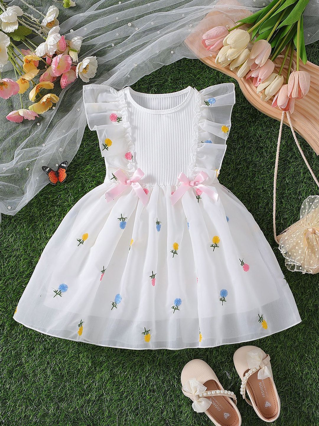 YK Girl Floral Print Flutter Sleeve Fit & Flare Dress