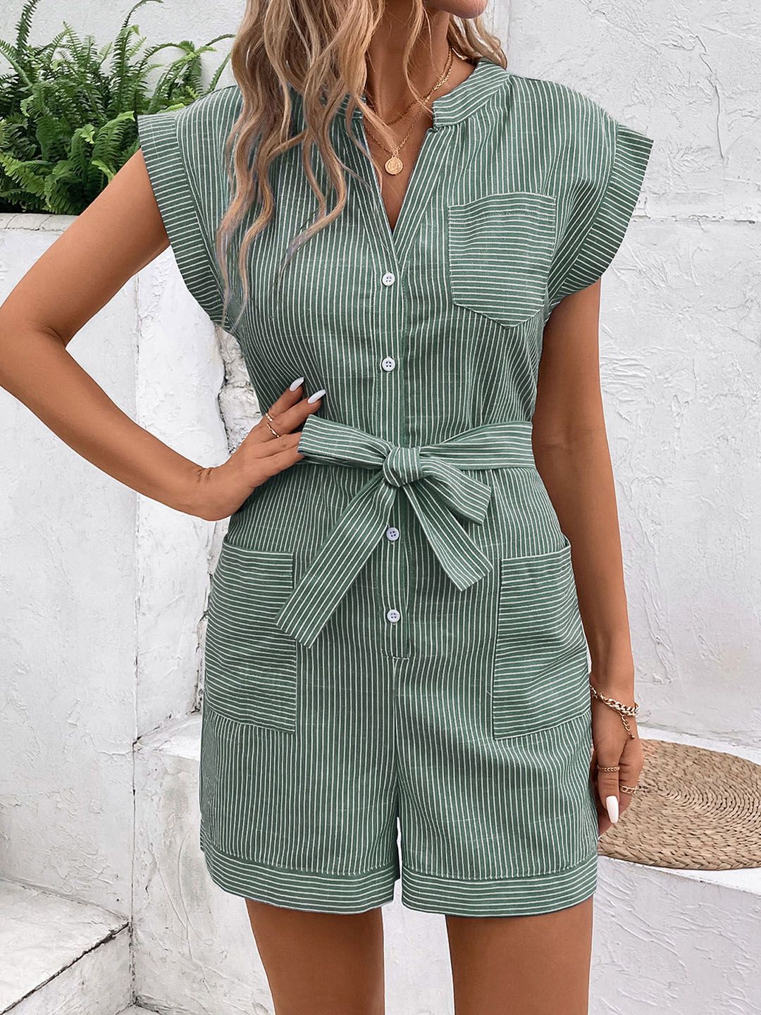 DressBerry Waist Tie-Up Striped Playsuit