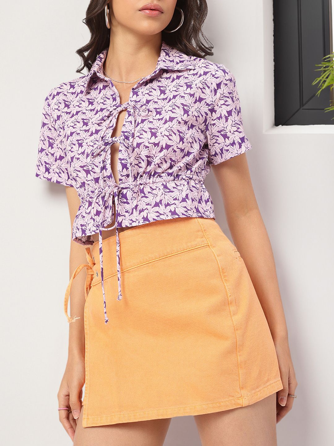 DressBerry Floral Tie-Up Cinched Waist Crop Top