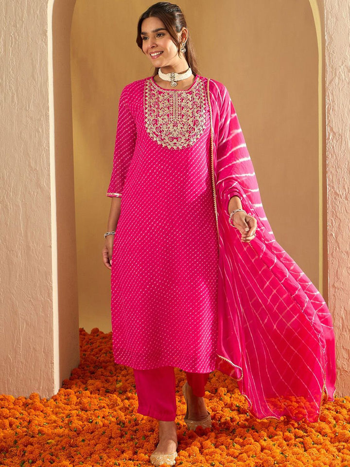 Indo Era Leheriya Printed Sequinned Straight Georgette Kurta with Trousers & Dupatta