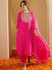 Indo Era Leheriya Printed Sequinned Straight Georgette Kurta with Trousers & Dupatta