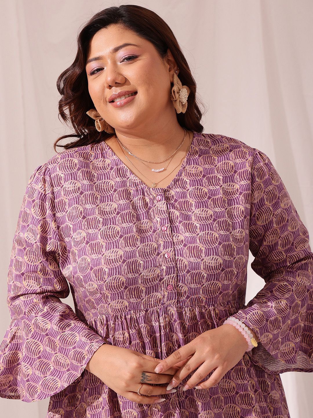 CURVY STREET Plus Size Floral Printed Bell Sleeve Fit & Flare Dress