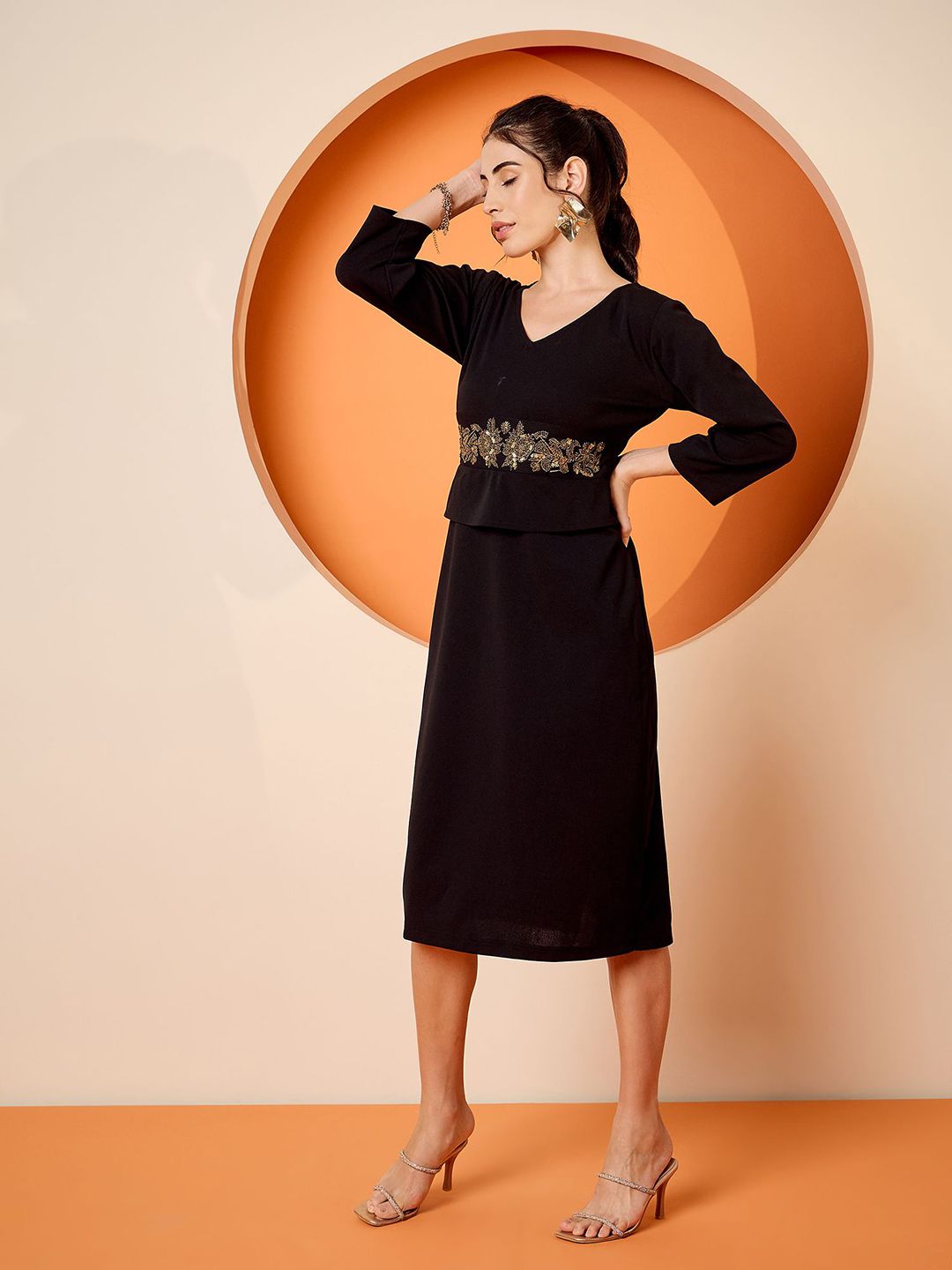 Antheaa woven Sequined Embellished V-neck Peplum  Dress