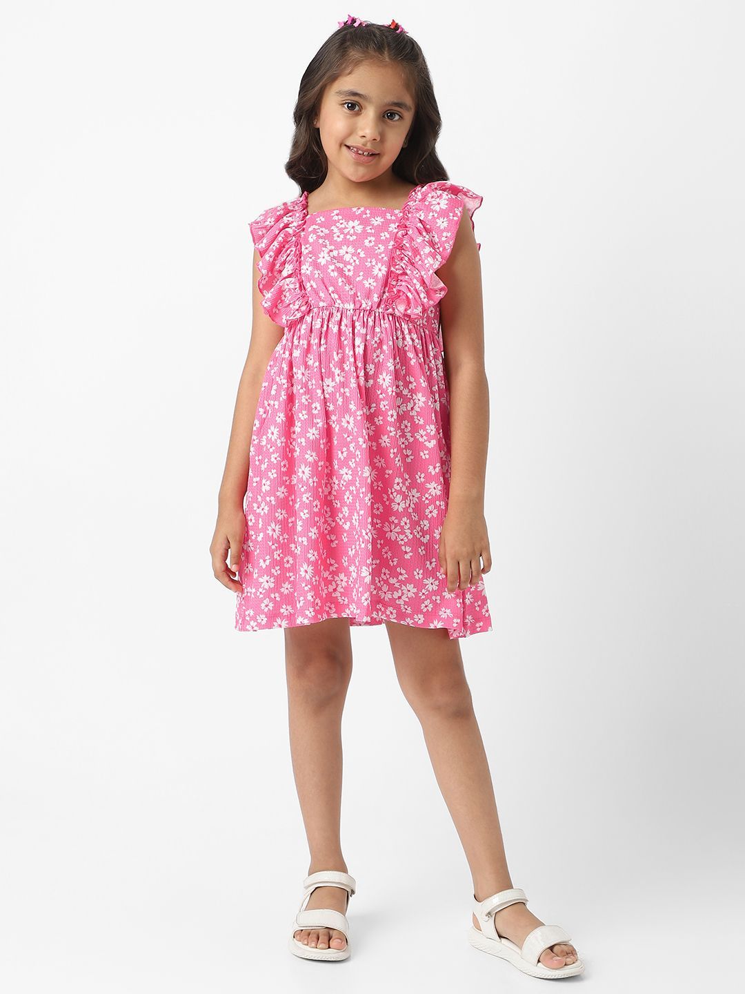 Nauti Nati  Girls' Textured Knit Ruffle Sleeves Floral Frock