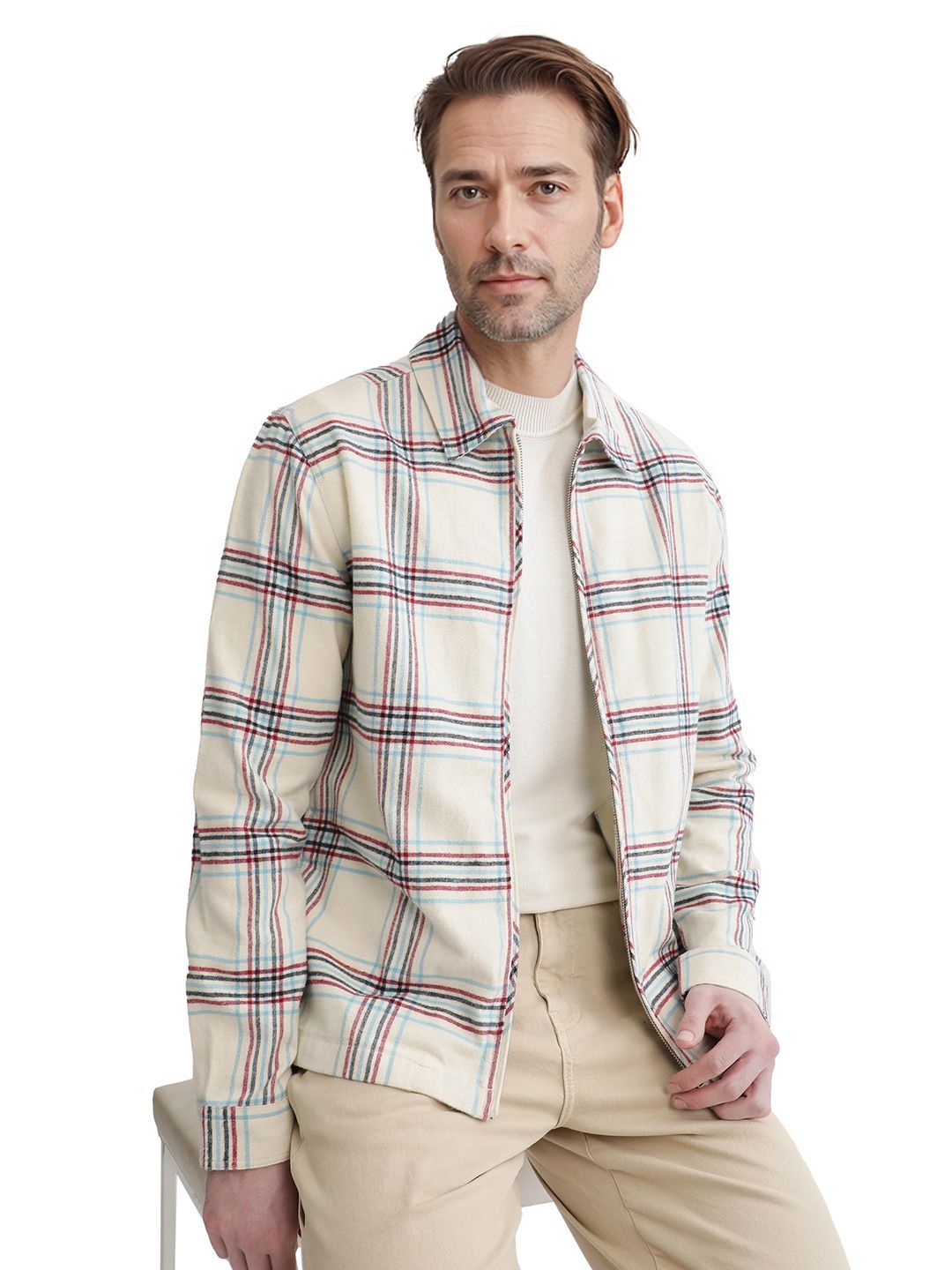 RARE RABBIT Men Checked Cotton Open Front Jacket with Embroidered